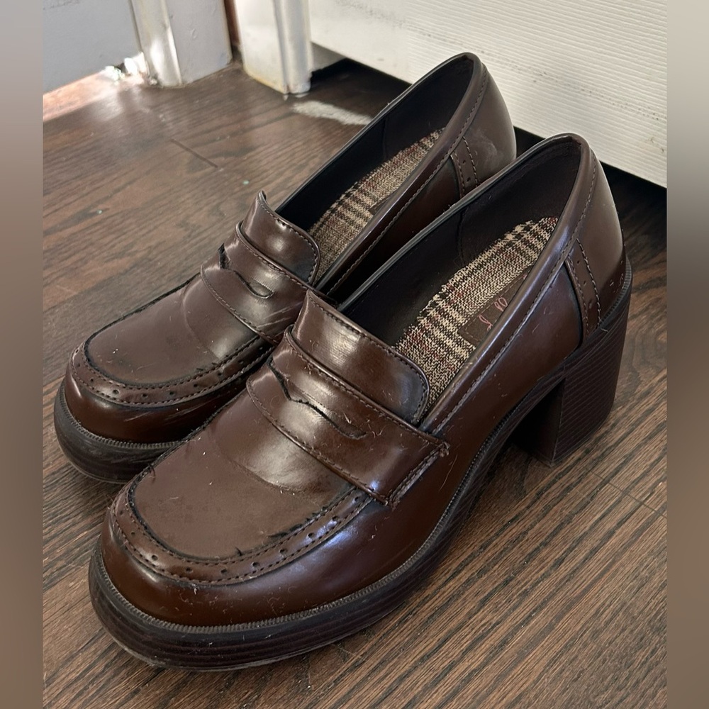 Brown Penny Block Heel Loafers